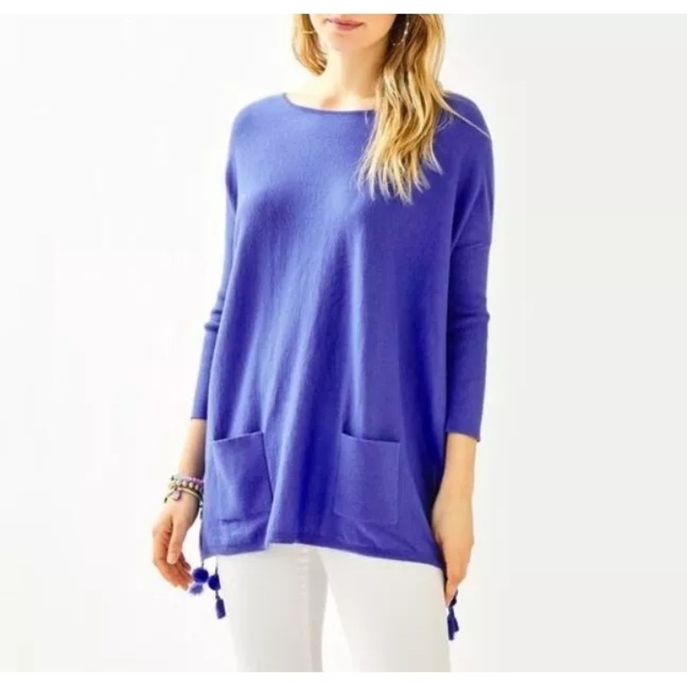 Lilly Pulitzer Women Elba Tassel Tunic Sweater Blue 3/4 Sleeve Size Small Resort